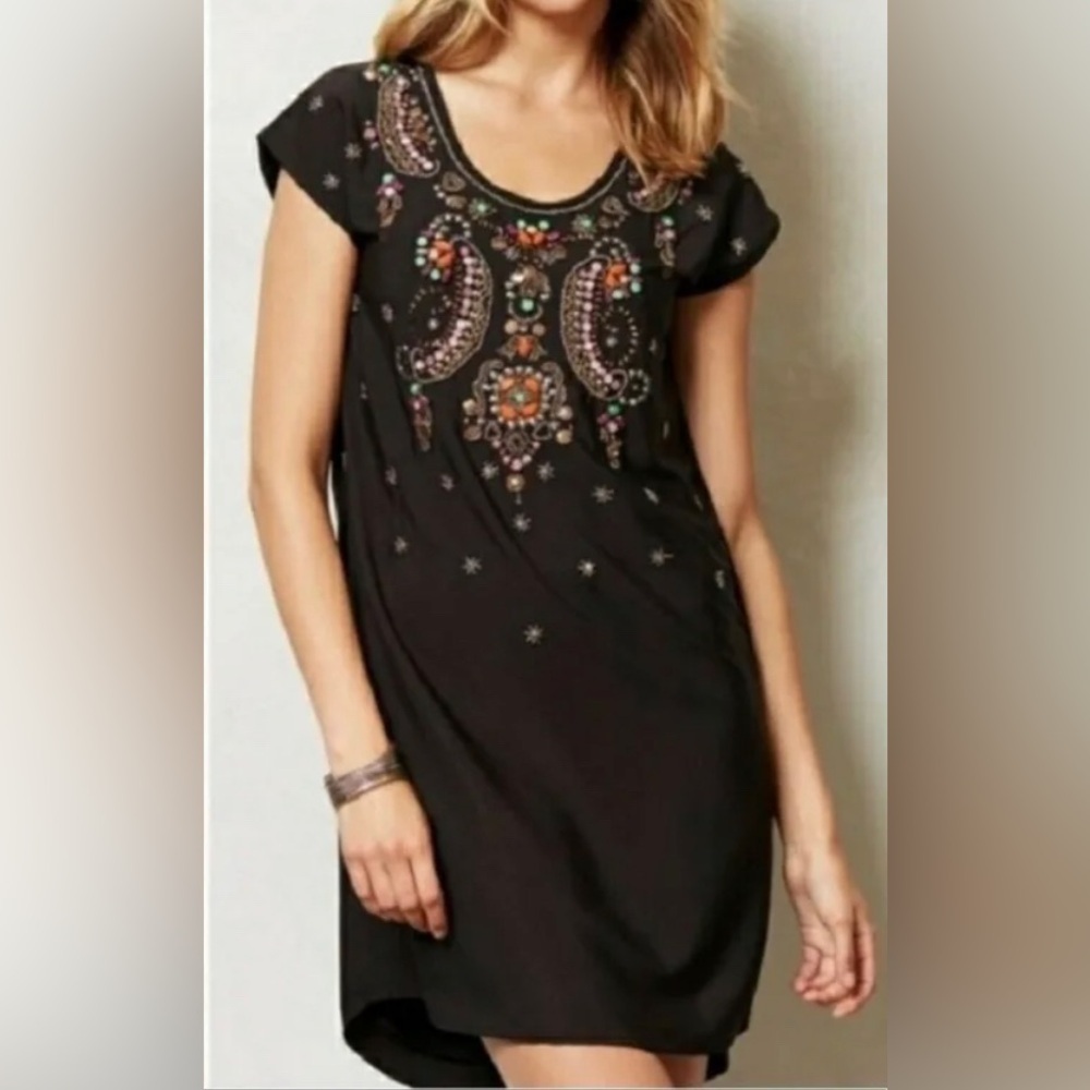 Anthropologie Yumi Chiaroscuro Dress Size XSmall Black Boho Shift Beaded Jeweled